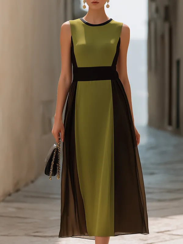 Color-Block Sheer Panel Sleeveless Midi Dress made by Mooyius