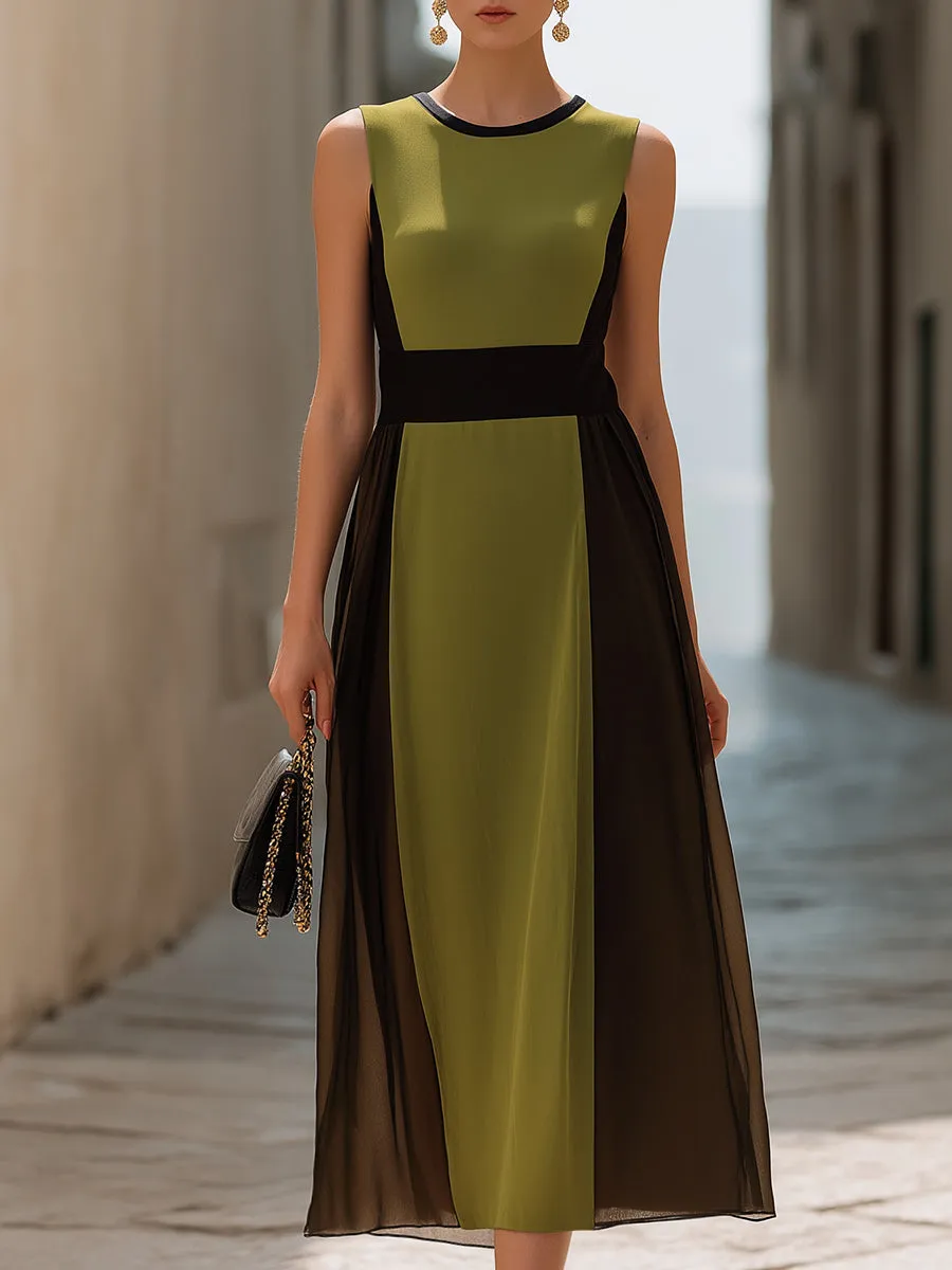 Color-Block Sheer Panel Sleeveless Midi Dress sold by Mooyius
