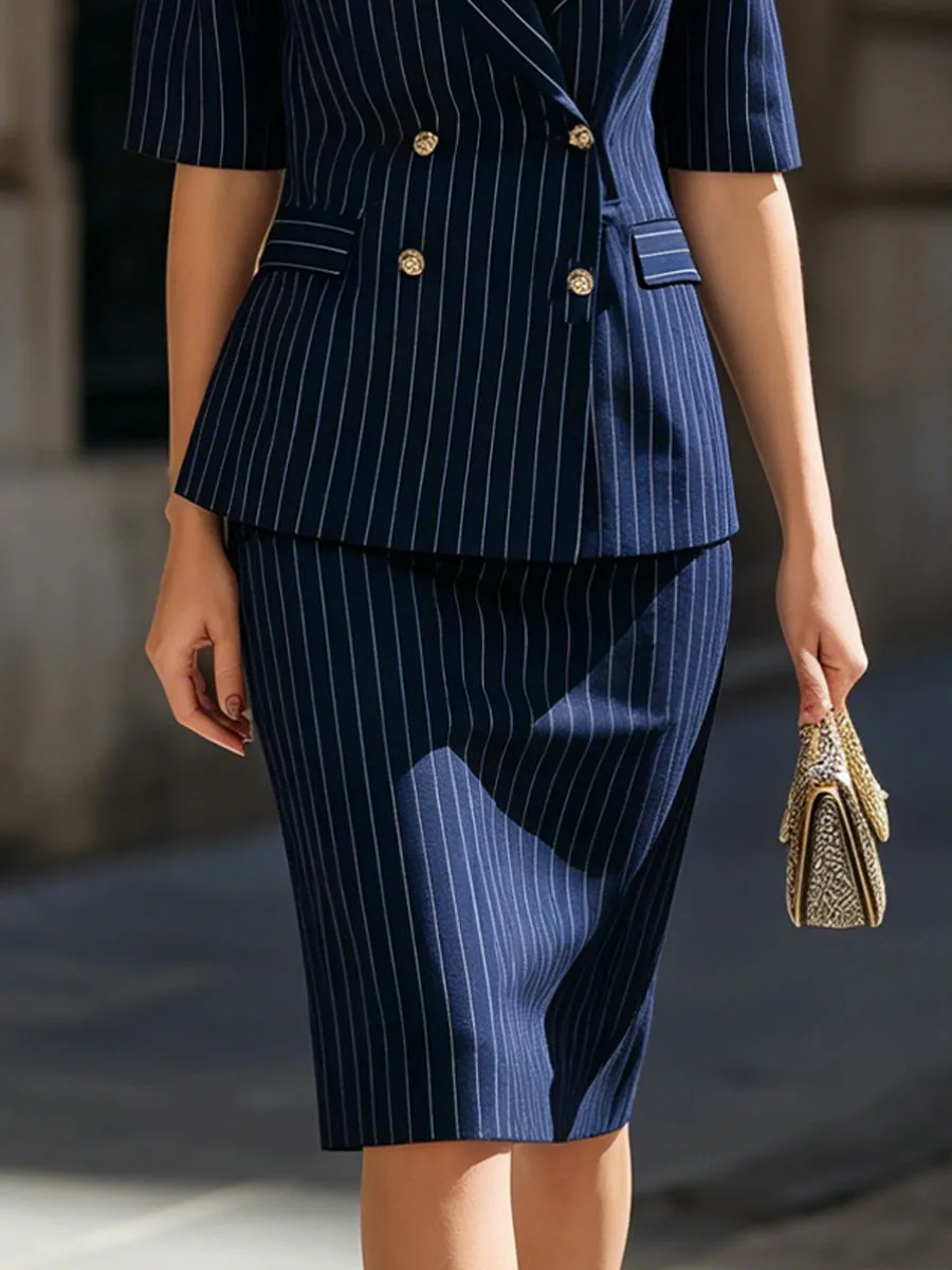 Navy Pinstripe Double-Breasted Blazer & Pencil Skirt Two-Piece Suit Set sold by Mooyius product image thumbnail 3