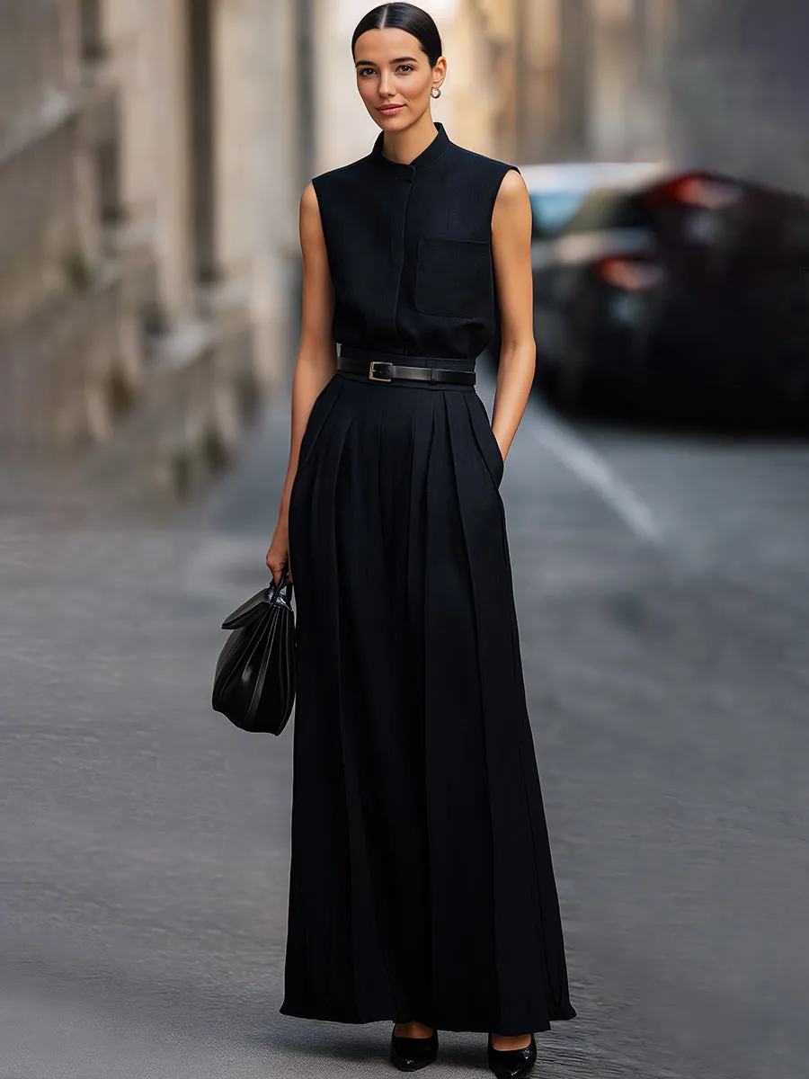 Sleeveless Stand-Collar Top & Pleated Maxi Skirt Two-Piece Set sold by Mooyius product image thumbnail 2