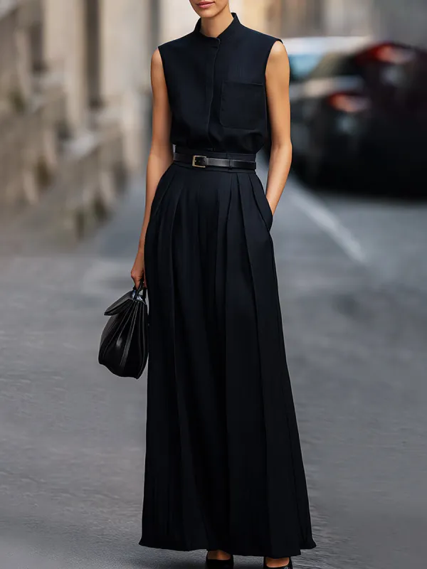 Sleeveless Stand-Collar Top & Pleated Maxi Skirt Two-Piece Set made by Mooyius