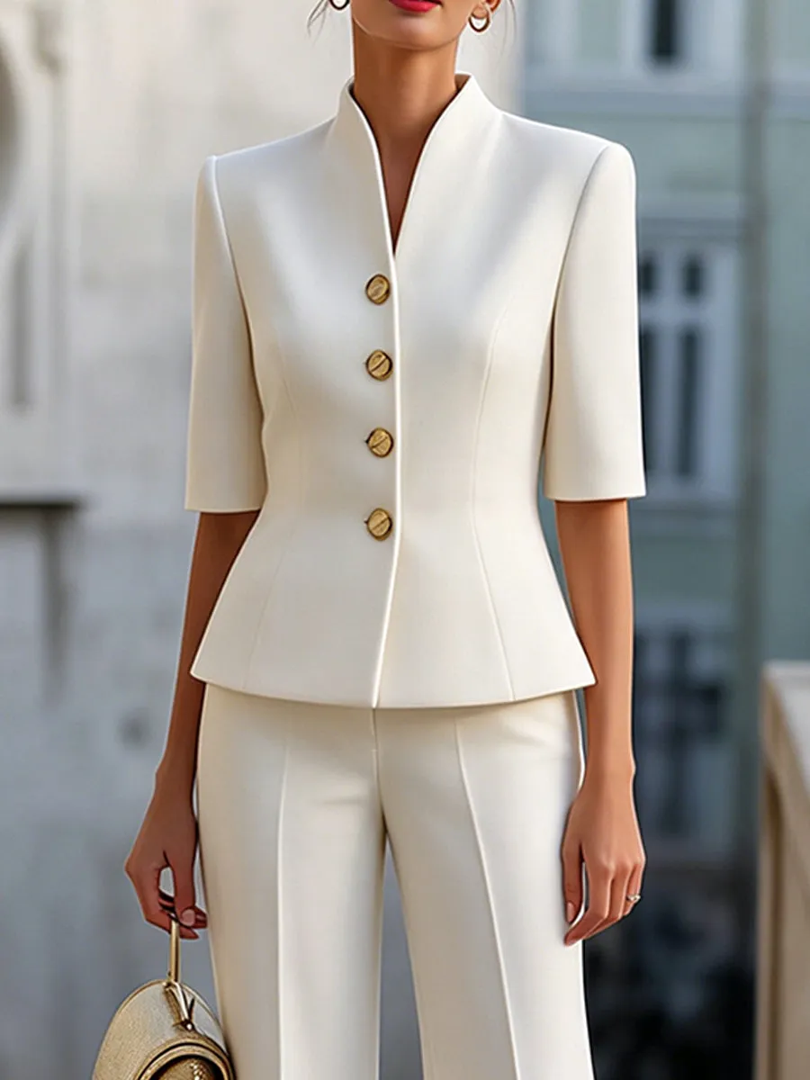 Stand Collar Short-Sleeve Tailored Jacket & Wide-Leg Trousers Two-Piece Set sold by Mooyius product image thumbnail 3