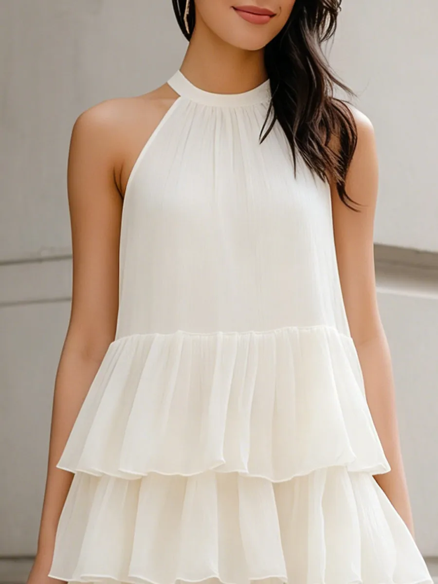 Halter-Neck Tiered Ruffle Chiffon Mini Dress sold by Mooyius product image thumbnail 3