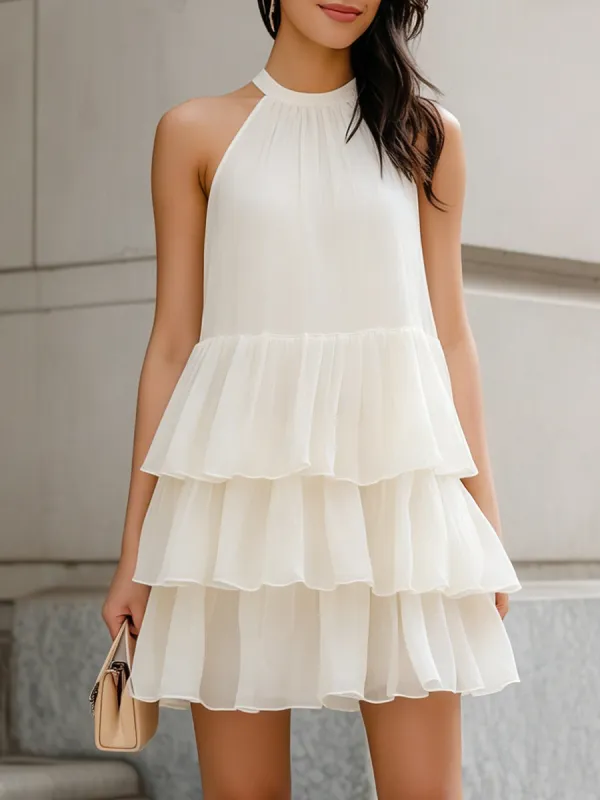 Halter-Neck Tiered Ruffle Chiffon Mini Dress made by Something Navy