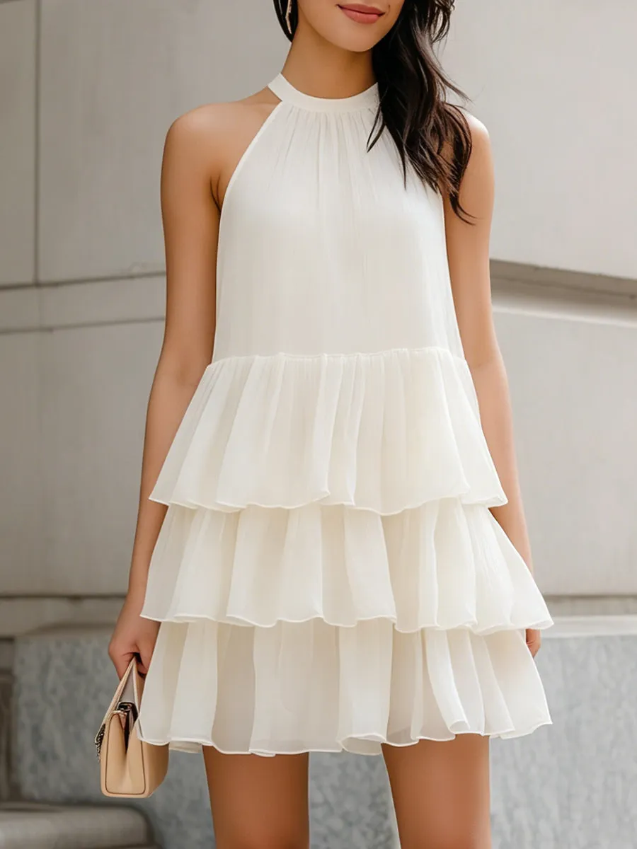 Halter-Neck Tiered Ruffle Chiffon Mini Dress sold by Mooyius