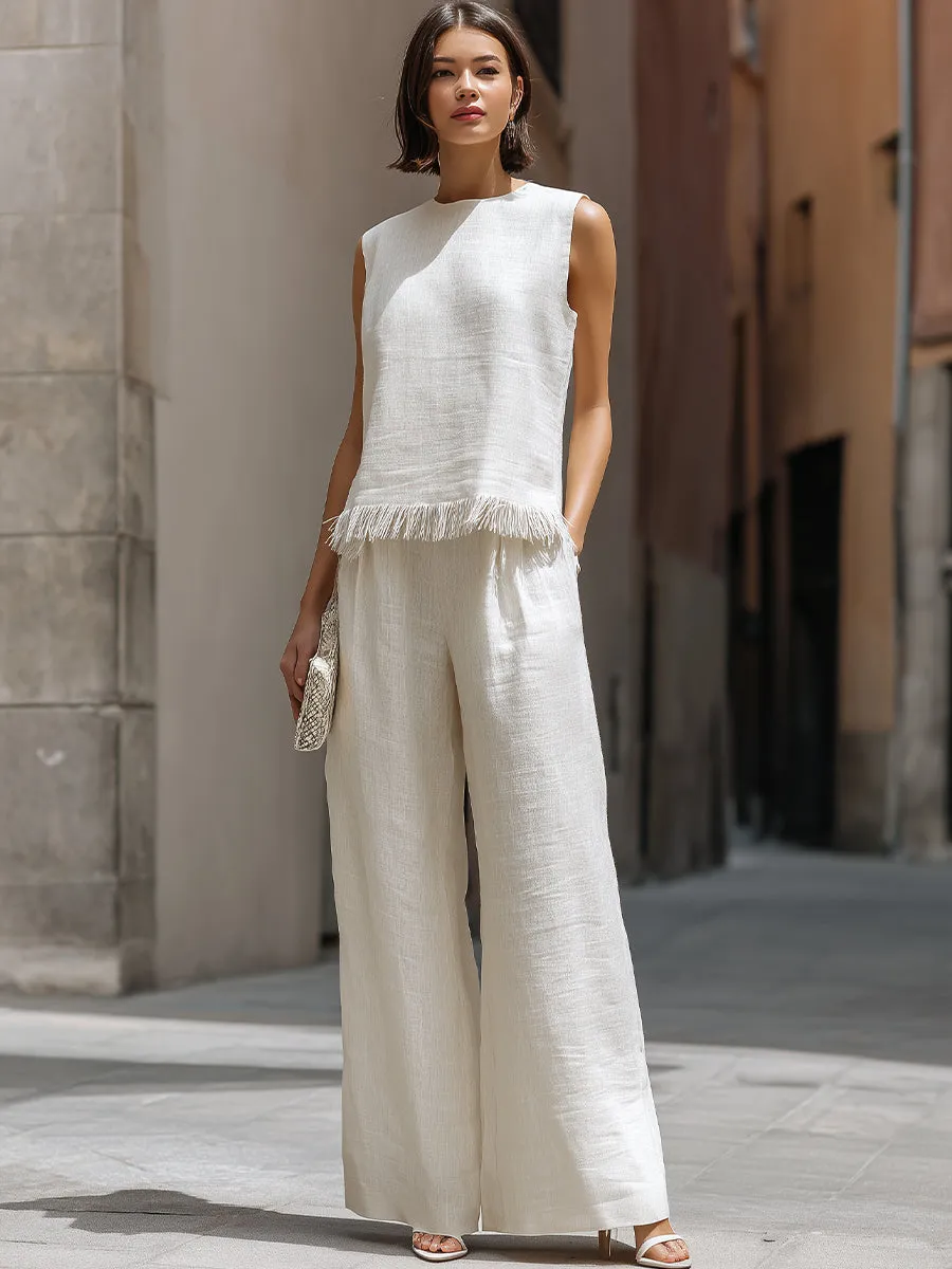 Sleeveless Textured Top And Wide-Leg Pants Set With Frayed Hem Detail sold by Mooyius product image thumbnail 2