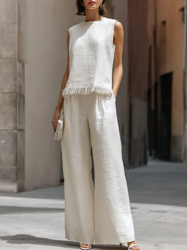 Sleeveless Textured Top And Wide-Leg Pants Set With Frayed Hem Detail made by Mooyius