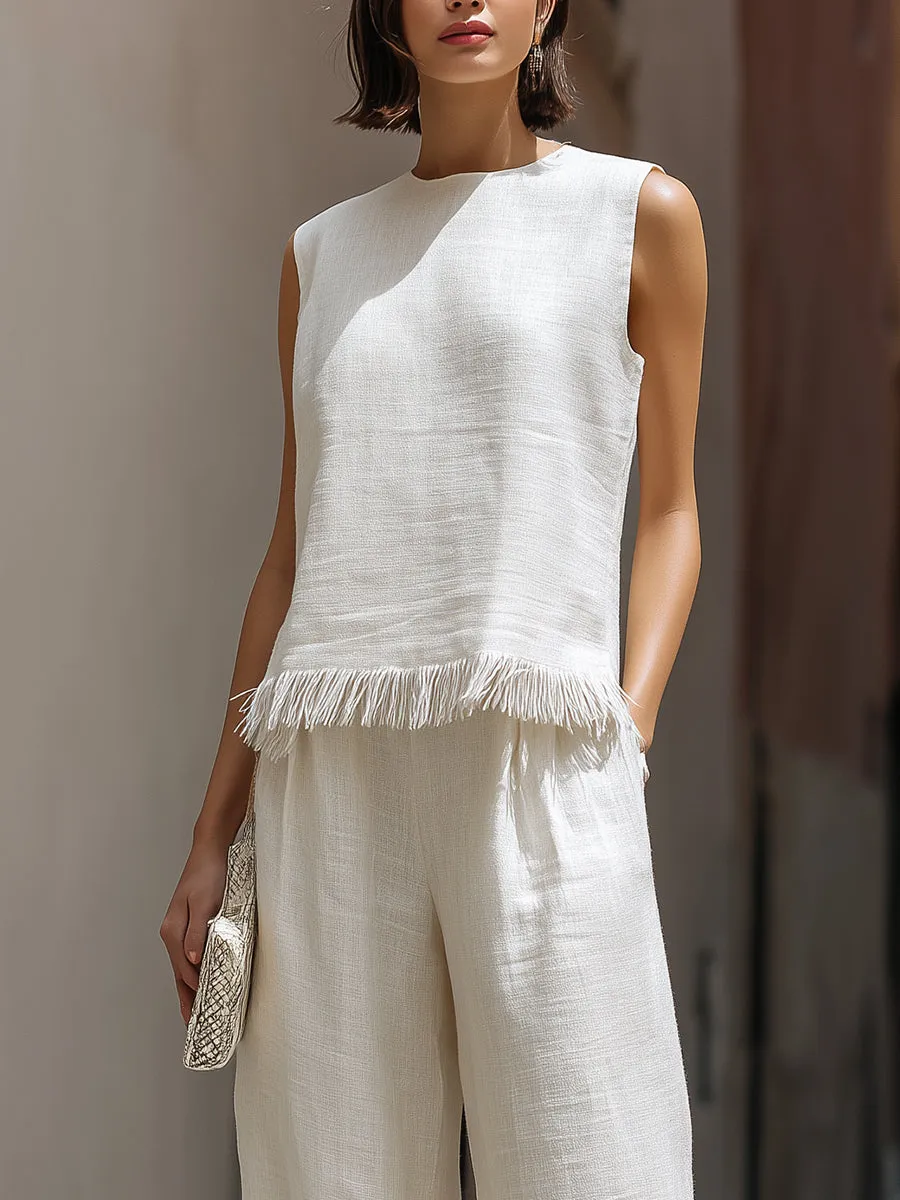 Sleeveless Textured Top And Wide-Leg Pants Set With Frayed Hem Detail sold by Mooyius product image thumbnail 3