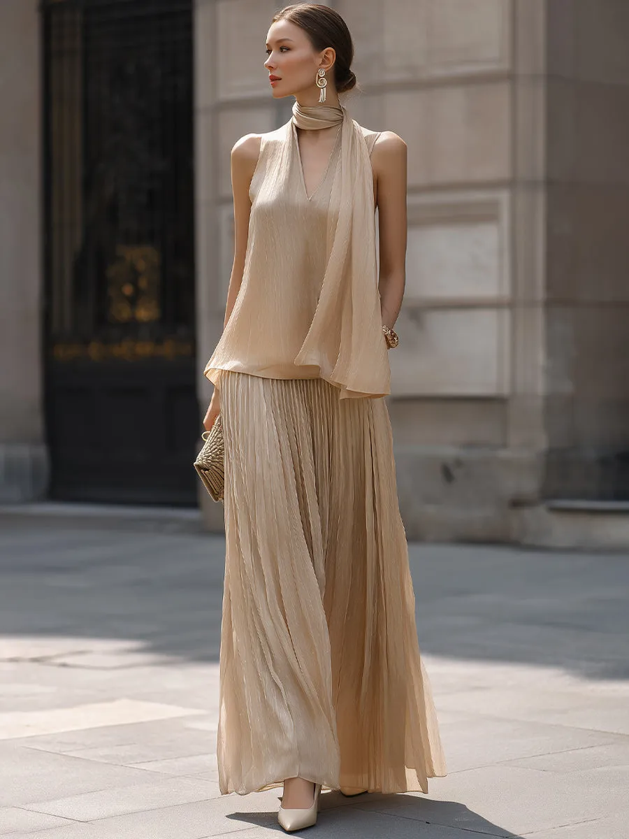 Draped Halter Top And Pleated Maxi Skirt Set With Flowing Silhouette sold by Mooyius product image thumbnail 2