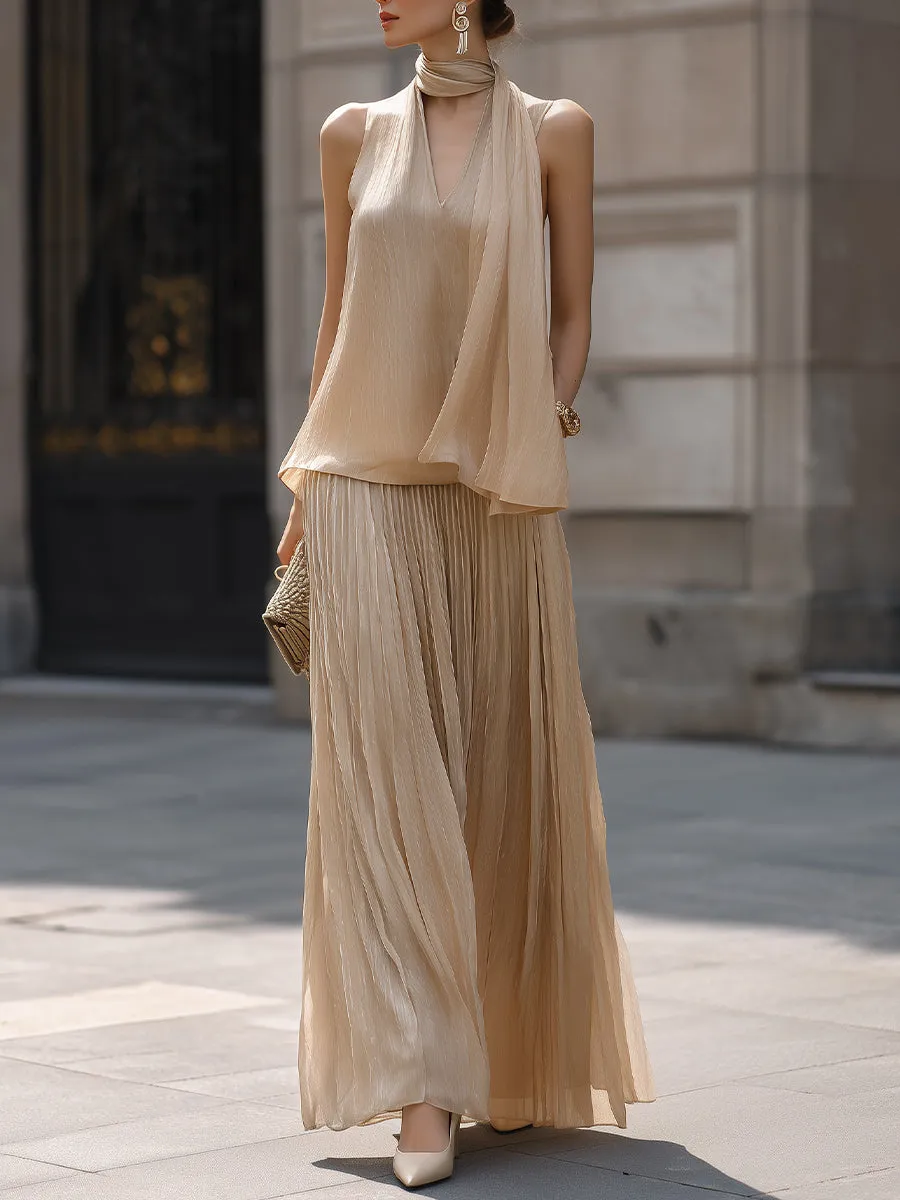 Draped Halter Top And Pleated Maxi Skirt Set With Flowing Silhouette sold by Mooyius