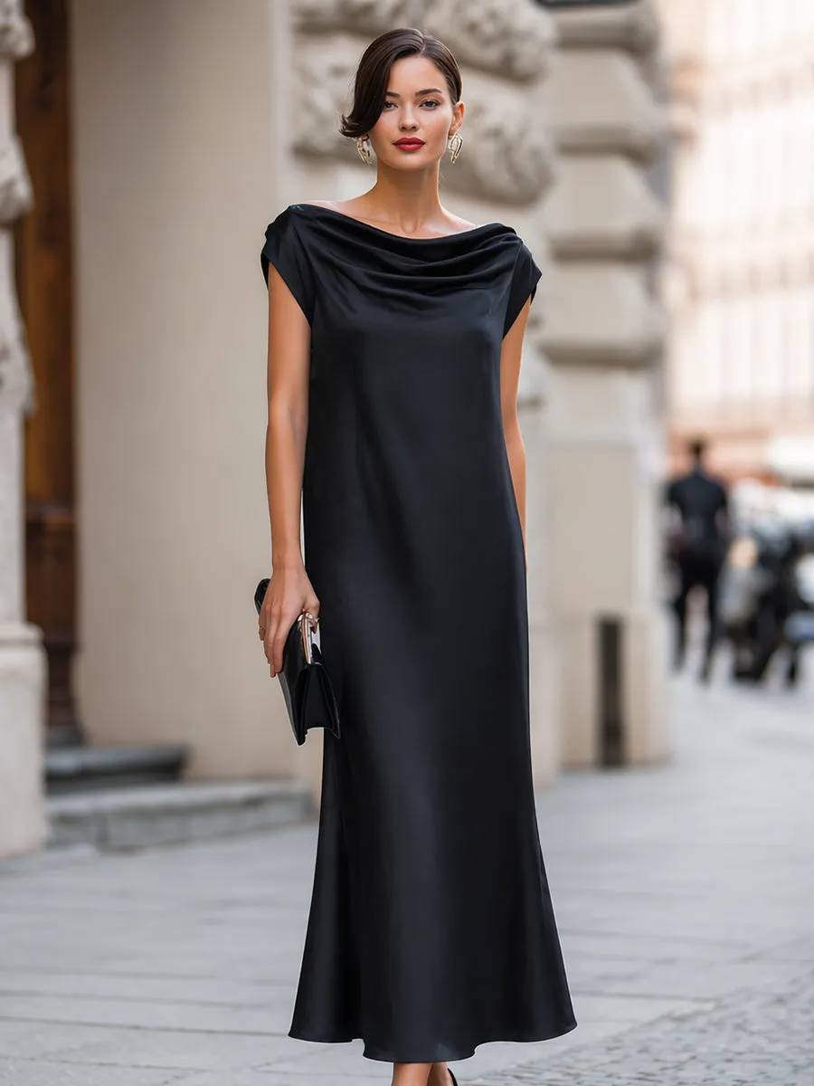 Draped Cowl Neck Cap Sleeve Satin Maxi Dress sold by Mooyius product image thumbnail 2