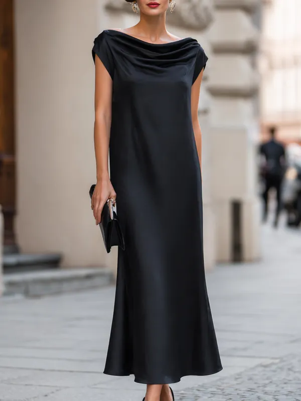 Draped Cowl Neck Cap Sleeve Satin Maxi Dress made by Mooyius
