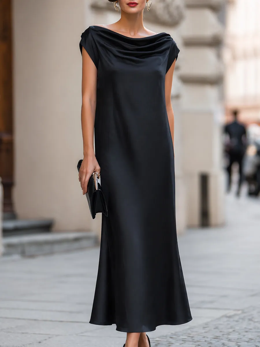 Draped Cowl Neck Cap Sleeve Satin Maxi Dress sold by Mooyius