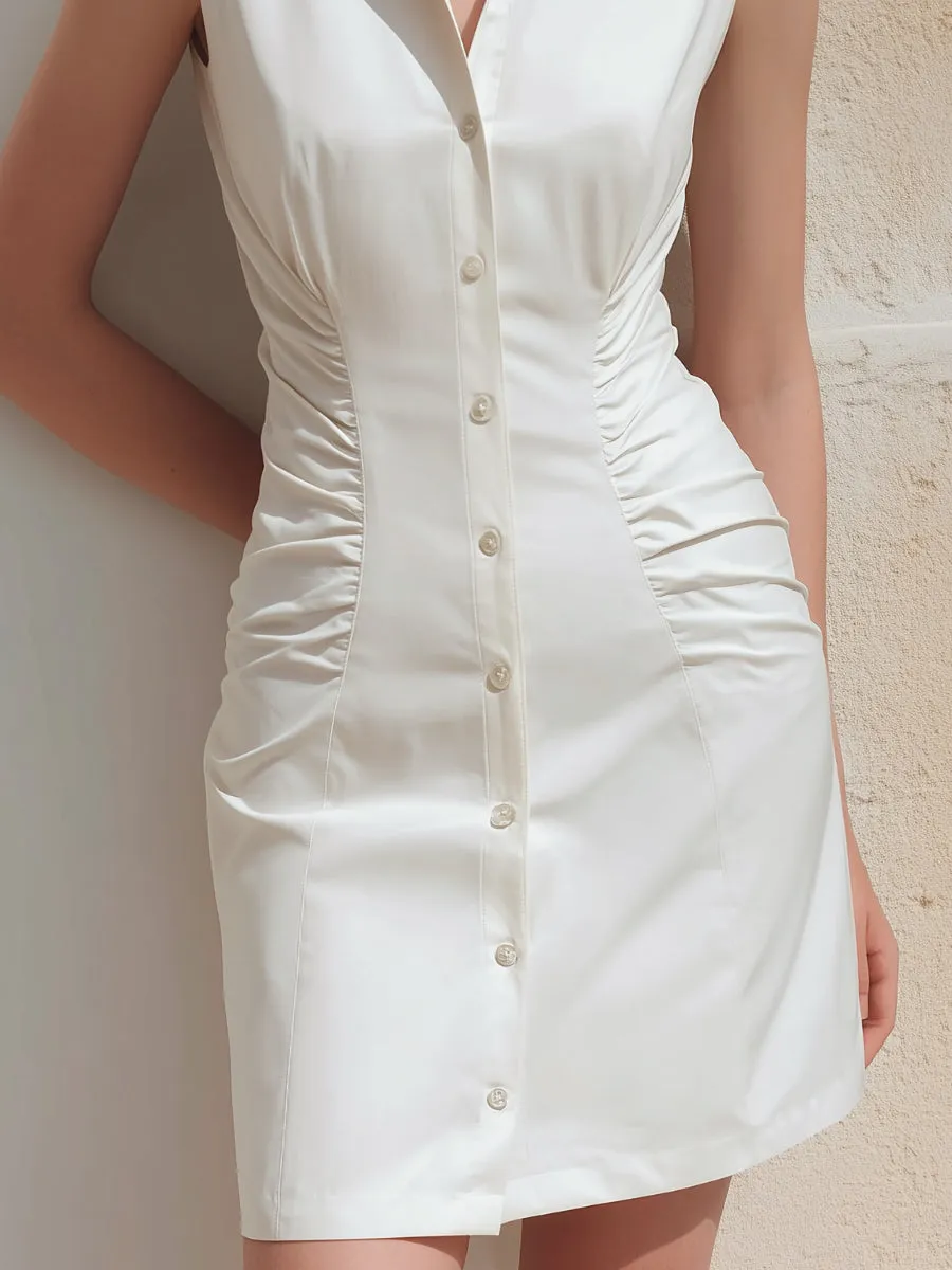 Sleeveless Ruched Waist Button-Front Shirt Dress sold by Mooyius product image thumbnail 3