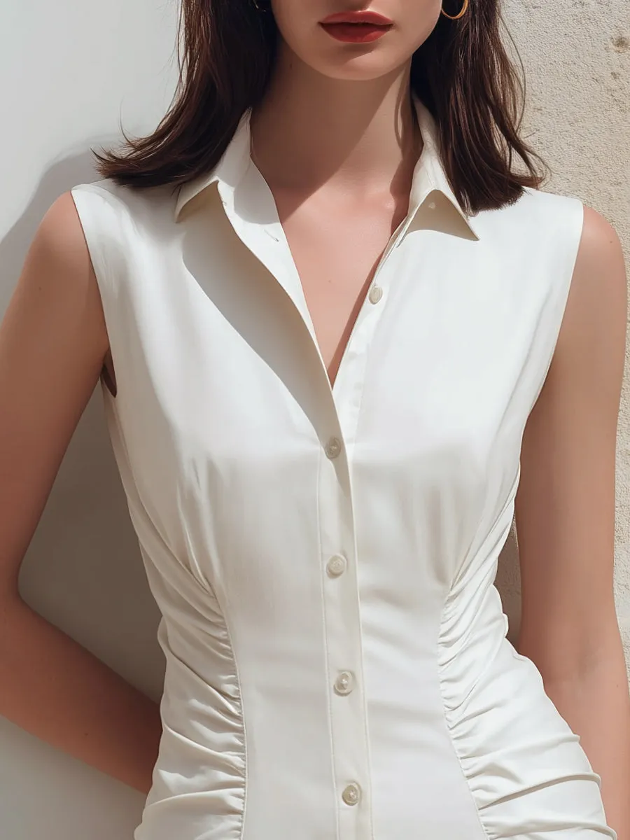 Sleeveless Ruched Waist Button-Front Shirt Dress sold by Mooyius product image thumbnail 2