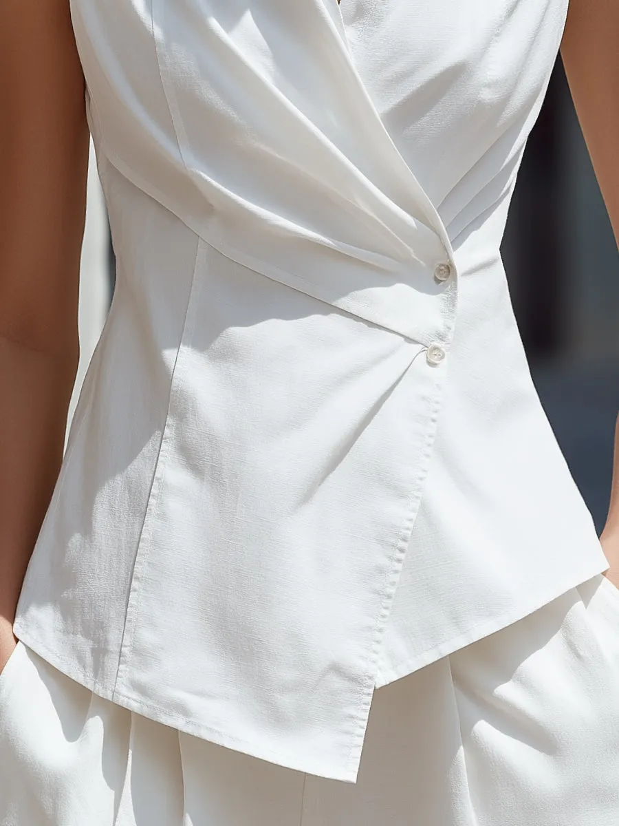 Sleeveless Draped Wrap-Front Shirt Collar Blouse sold by Mooyius product image thumbnail 3