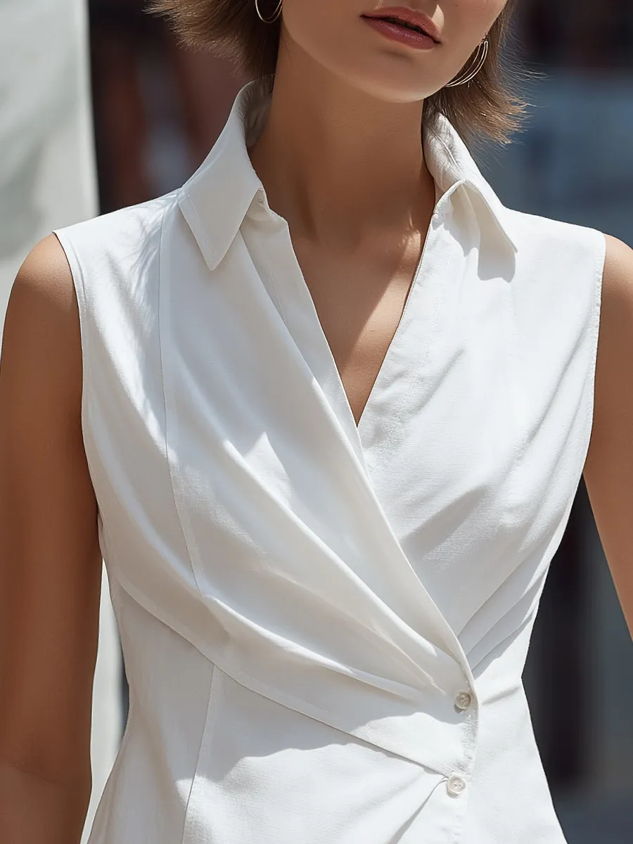 Sleeveless Draped Wrap-Front Shirt Collar Blouse sold by Mooyius product image thumbnail 2