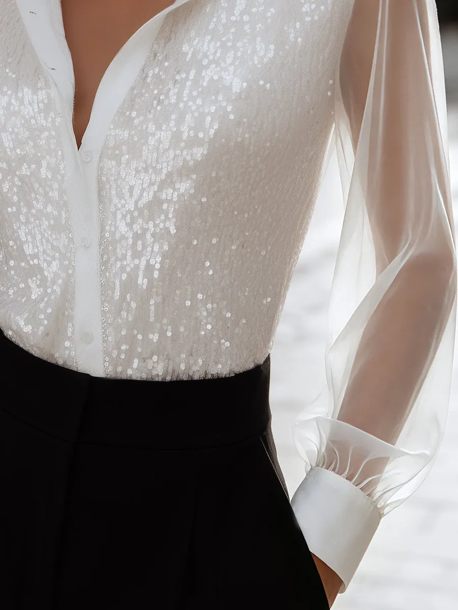 Sequin Embellished Sheer Sleeve Button-Front Blouse sold by Mooyius product image thumbnail 4
