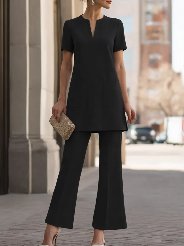 Minimalist Split-Neck Tunic Top And Flared Pants Set made by Mooyius