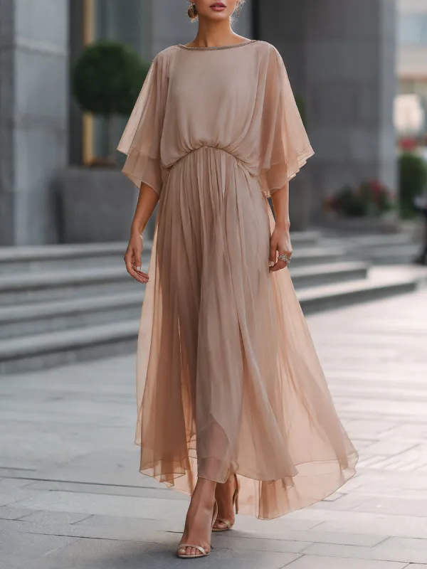 Flowing Chiffon Cape Sleeve Maxi Dress With Gathered Waist Detail made by Mooyius