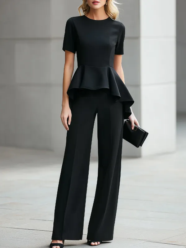Short-Sleeve Peplum Top & High-Waisted Wide-Leg Trousers Two-Piece Suit made by Something Navy