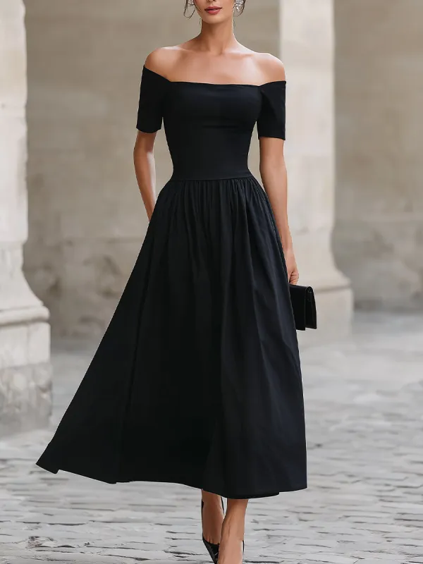 Black Off-the-Shoulder Short-Sleeve Fit-and-Flare Maxi Dress made by Something Navy