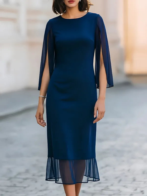 Navy Blue Chiffon Cape-Sleeve Sheath Midi Dress made by Something Navy