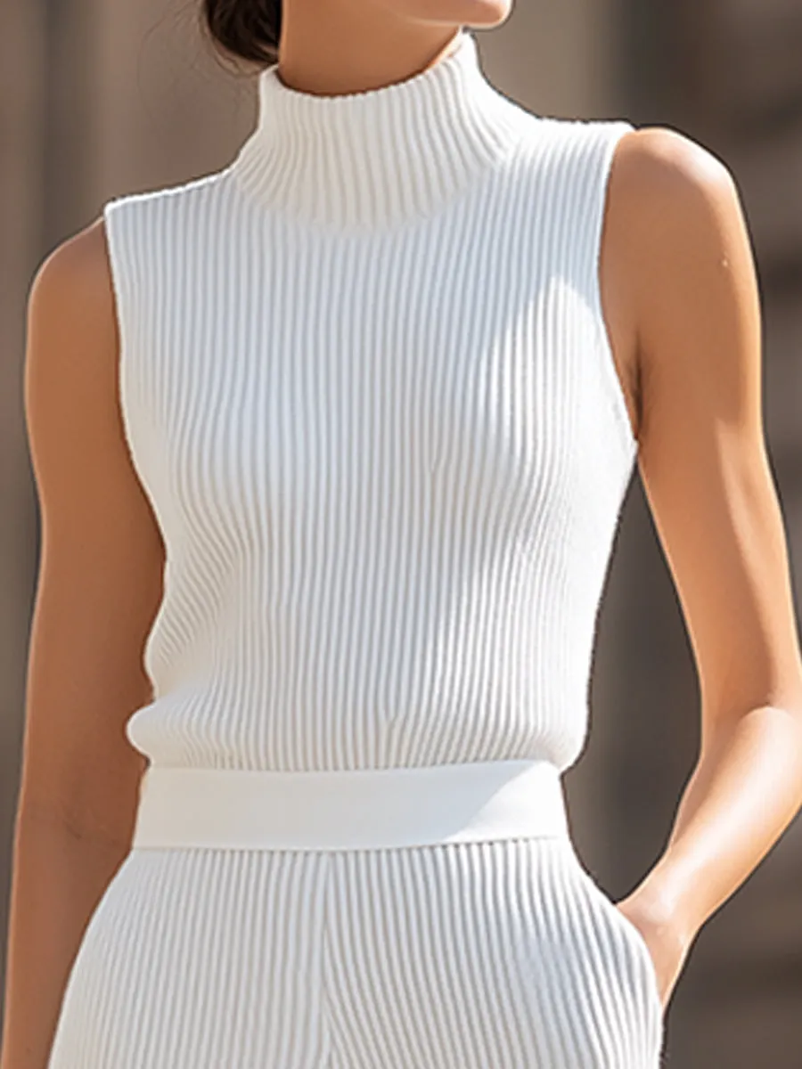 Ribbed High-Neck Sleeveless Wide-Leg Knit Two-Piece Set sold by Mooyius product image thumbnail 4