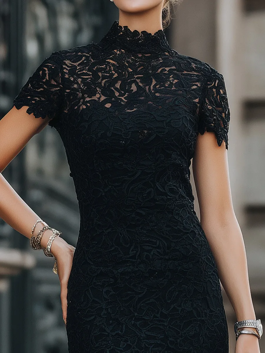Elegant Floral Lace High-Neck Mini Dress sold by Mooyius product image thumbnail 2