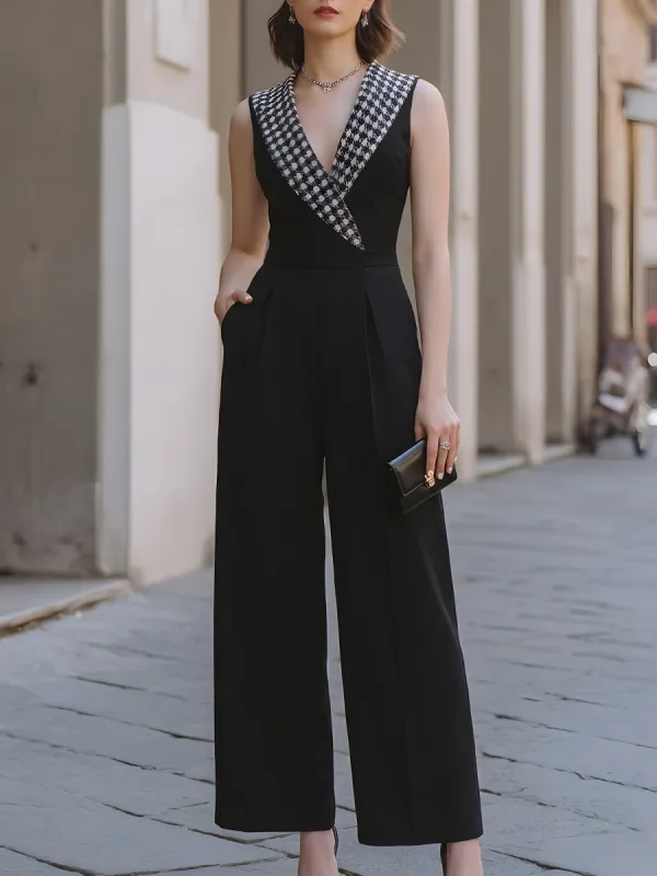 Contrast Trim Sleeveless Wide-Leg Jumpsuit made by Mooyius