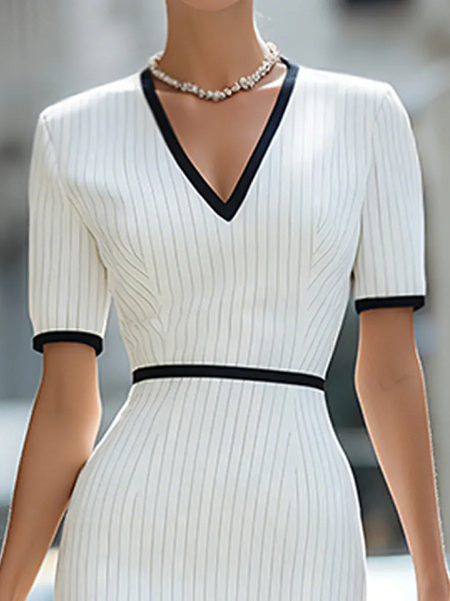 Contrast Trim Ribbed V-Neck Midi Dress sold by Mooyius product image thumbnail 2