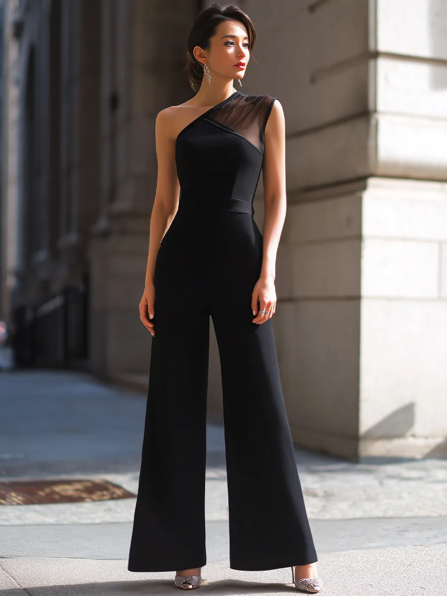 Asymmetric Sheer Panel One-Shoulder Wide-Leg Jumpsuit sold by Mooyius product image thumbnail 2