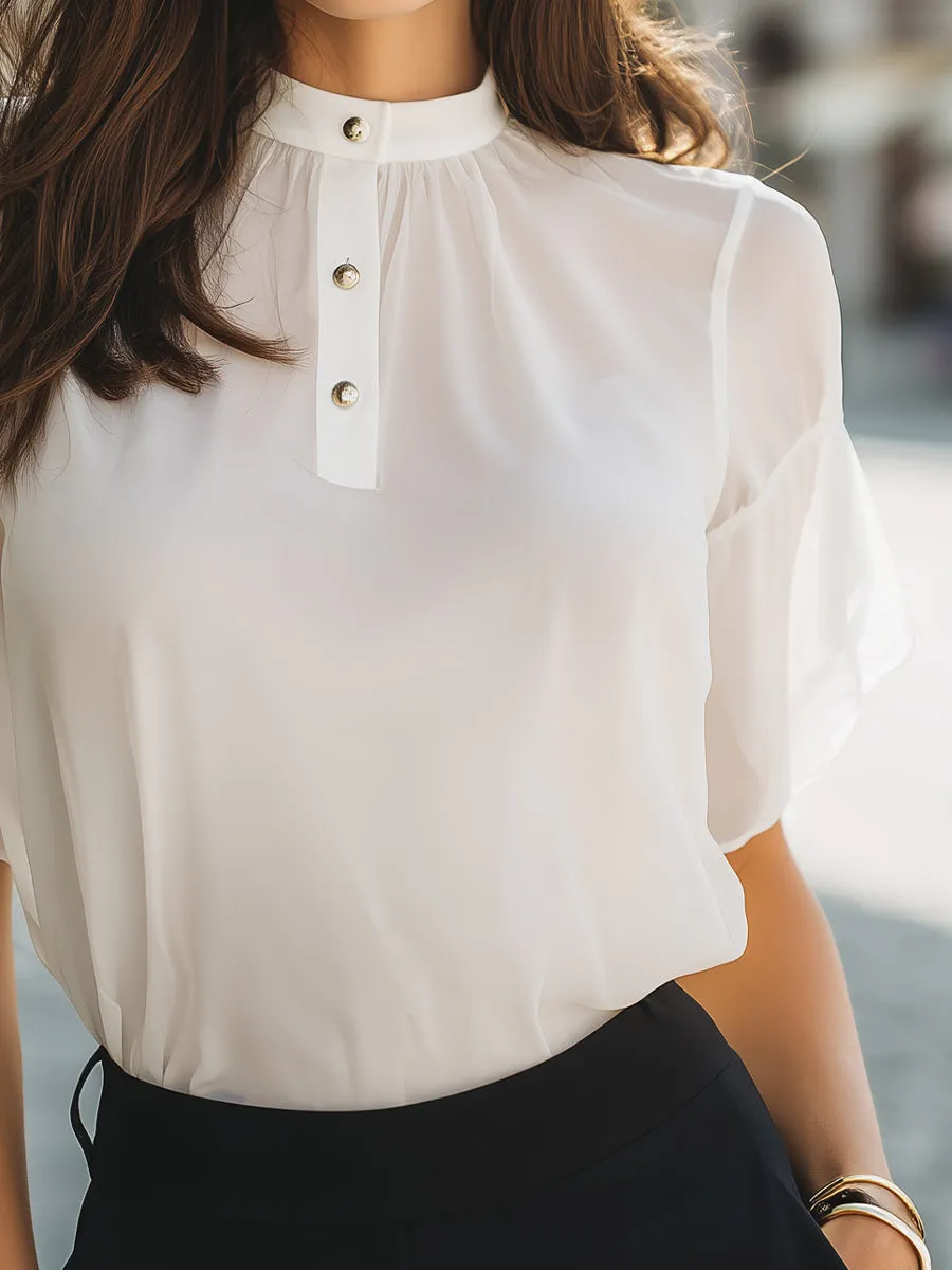 High-Neck Button Detail Flutter Sleeve Blouse sold by Mooyius product image thumbnail 4