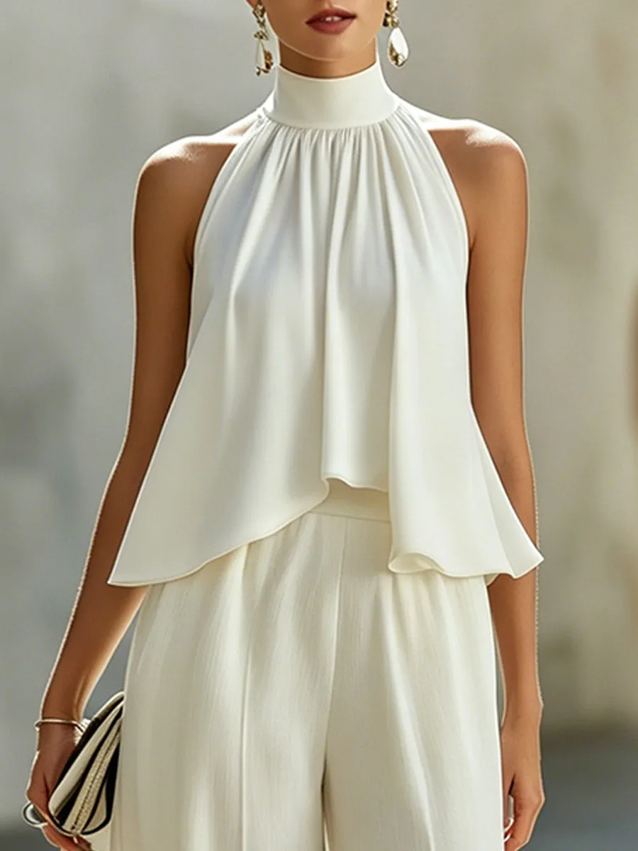 Flowing Halter Neck Layered Top And Wide-Leg Trousers Set sold by Mooyius product image thumbnail 2