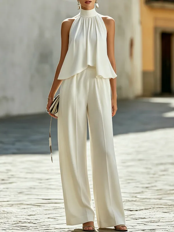 Flowing Halter Neck Layered Top And Wide-Leg Trousers Set made by Mooyius