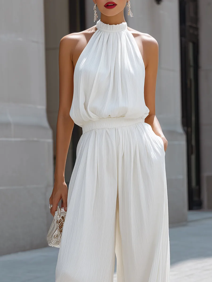 Flowing Halter Neck Layered Top And Wide-Leg Trousers Set sold by Mooyius product image thumbnail 2