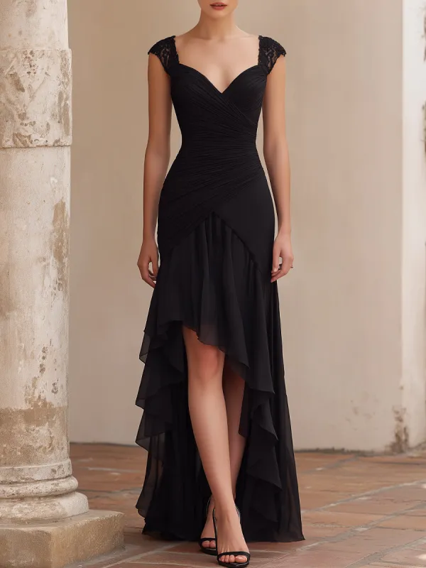 Ruched Lace-Shoulder High-Low Evening Dress made by Mooyius