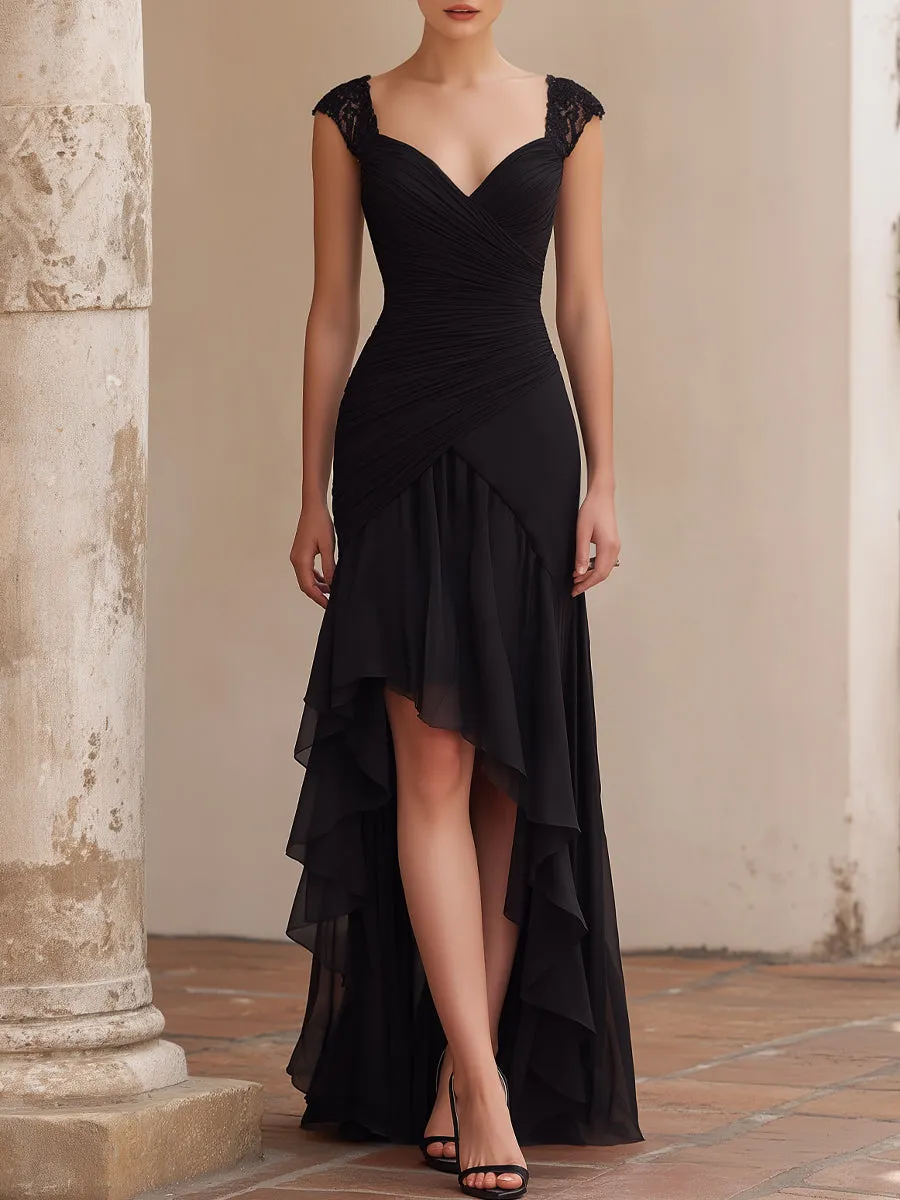 Ruched Lace-Shoulder High-Low Evening Dress sold by Mooyius