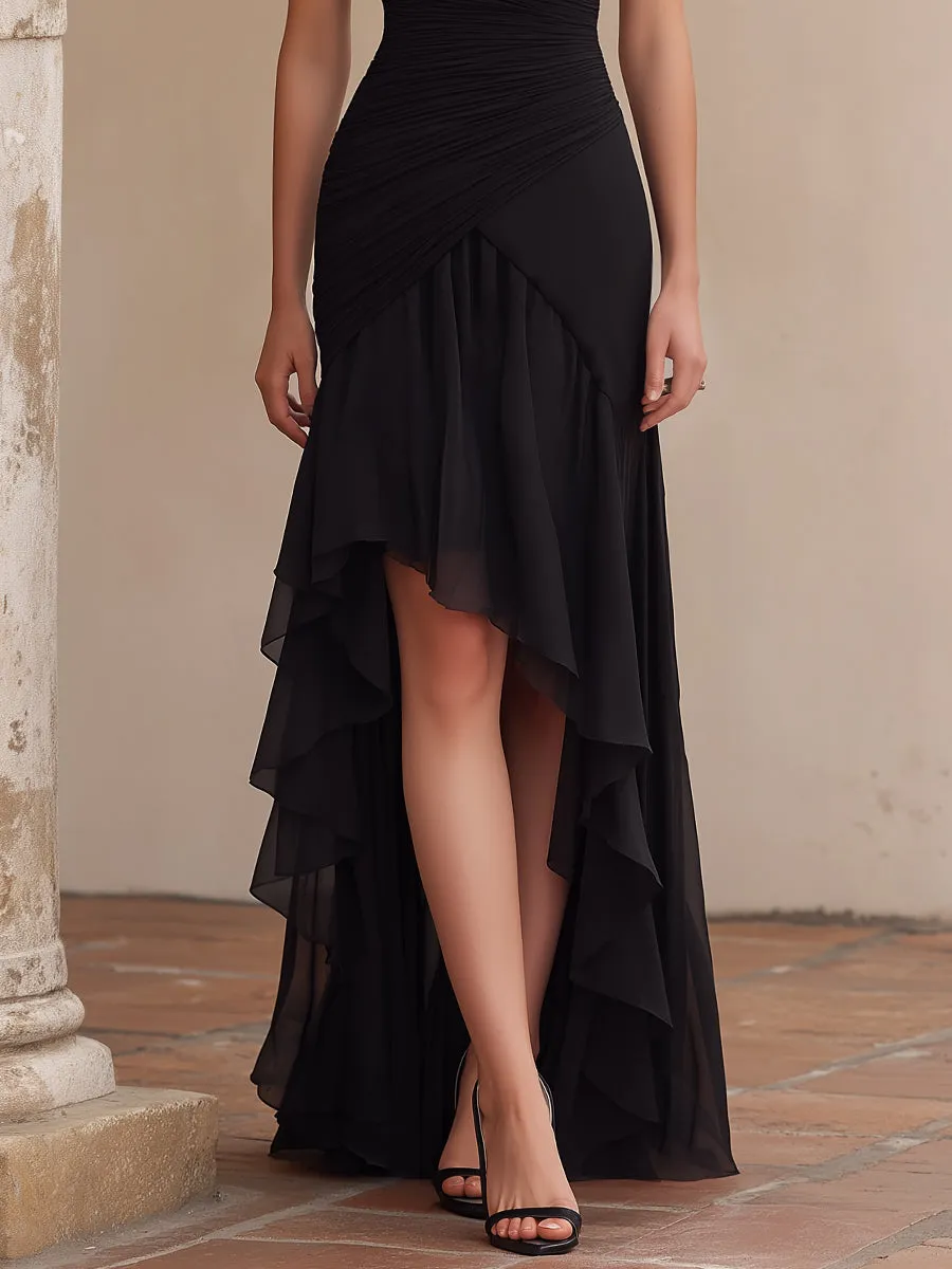 Ruched Lace-Shoulder High-Low Evening Dress sold by Mooyius product image thumbnail 3