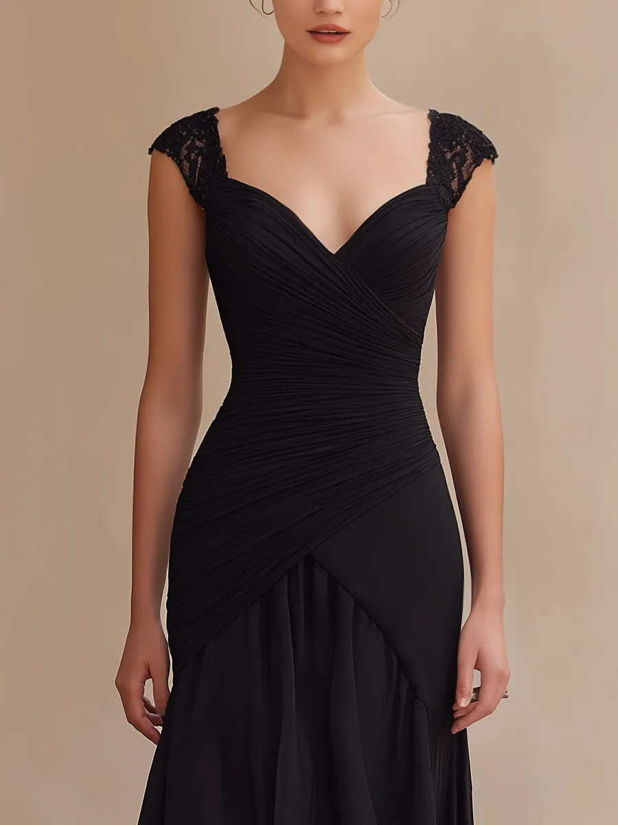 Ruched Lace-Shoulder High-Low Evening Dress sold by Mooyius product image thumbnail 2