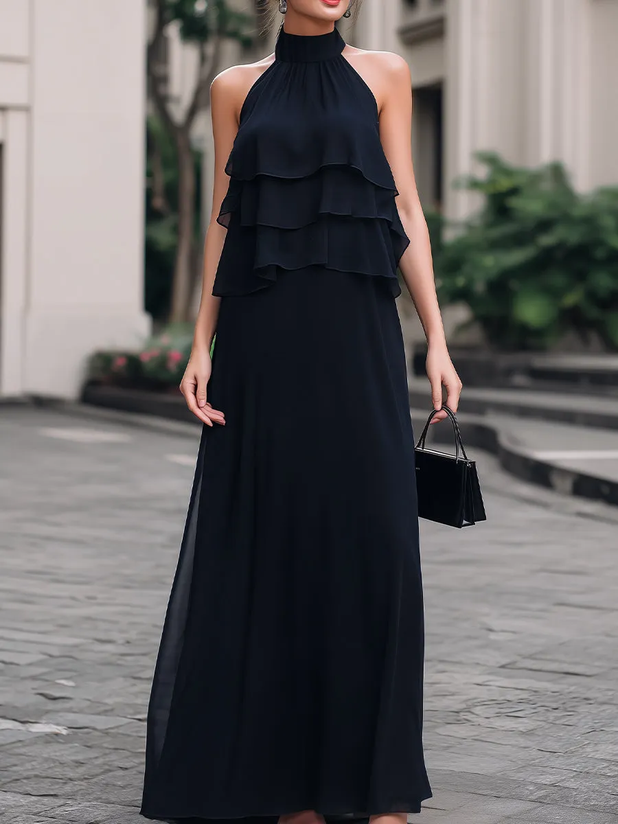 Black Halter-Neck Tiered Ruffle Chiffon Maxi Dress sold by Mooyius