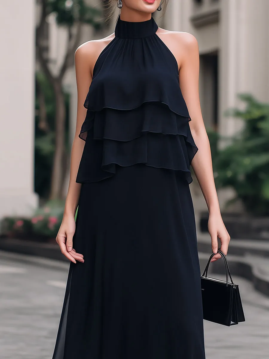 Black Halter-Neck Tiered Ruffle Chiffon Maxi Dress sold by Mooyius product image thumbnail 2