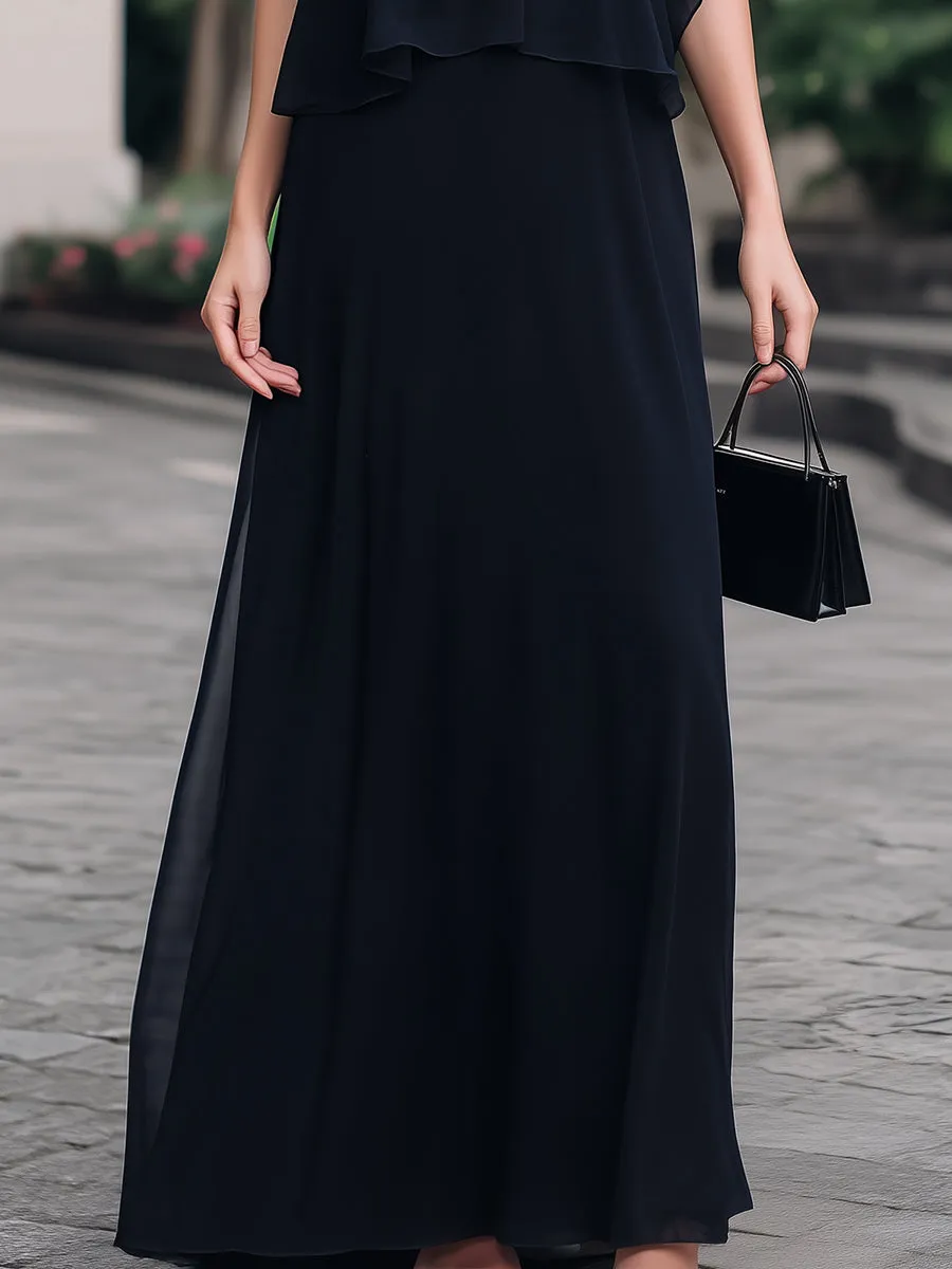 Black Halter-Neck Tiered Ruffle Chiffon Maxi Dress sold by Mooyius product image thumbnail 3