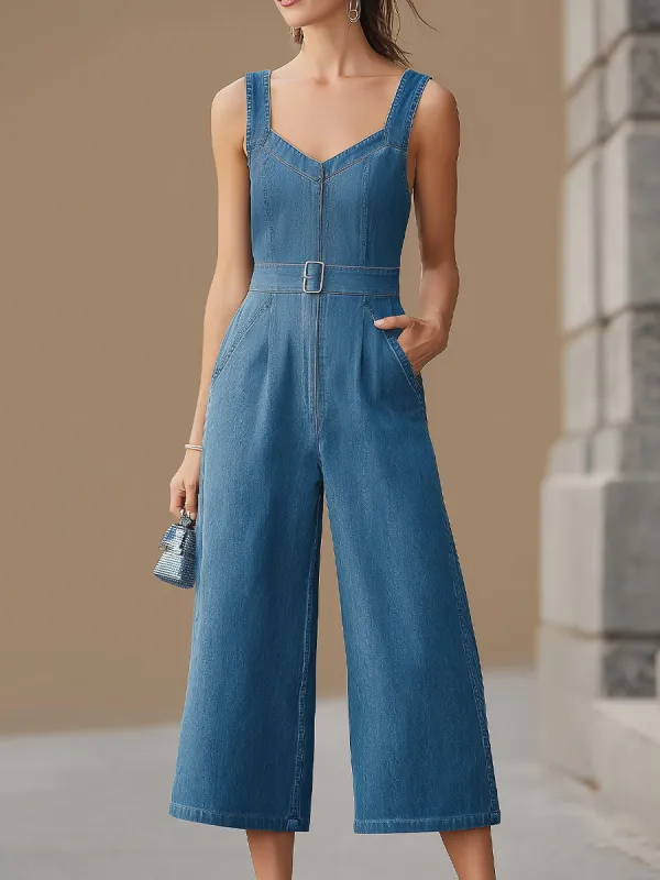 Denim Sweetheart Neck Sleeveless Cropped Wide-Leg Jumpsuit made by Something Navy