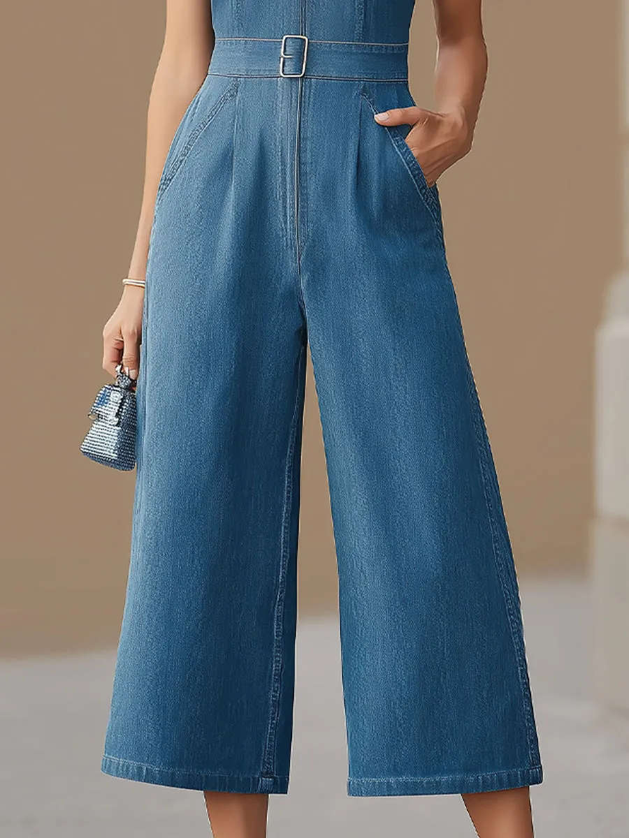 Denim Sweetheart Neck Sleeveless Cropped Wide-Leg Jumpsuit sold by Mooyius product image thumbnail 3