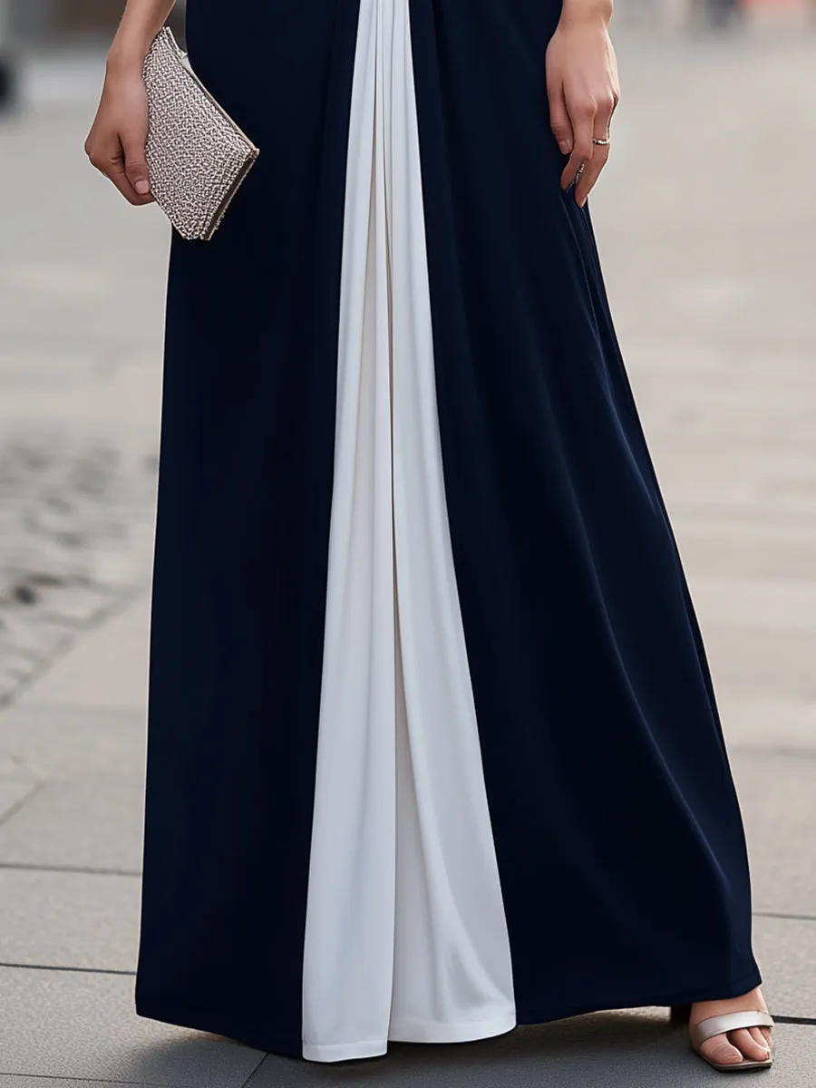 Ruched Deep V-Neck Contrast Panel Maxi Dress sold by Mooyius product image thumbnail 4