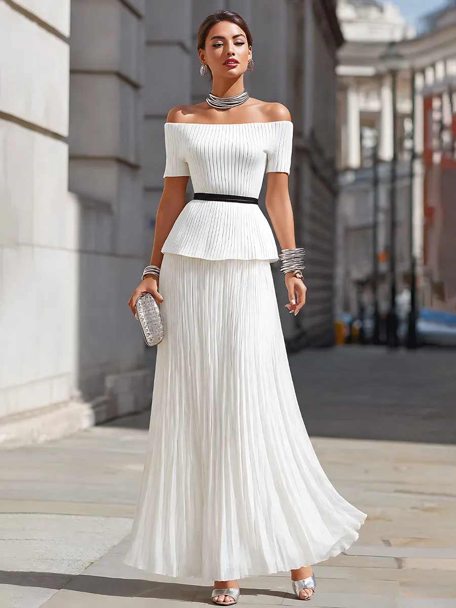 Off-Shoulder Pleated Top And Flowing Maxi Skirt Set sold by Mooyius product image thumbnail 2