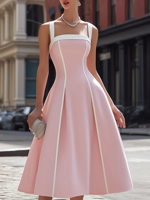 Contrast Trim Square Neck A-Line Midi Dress made by Mooyius