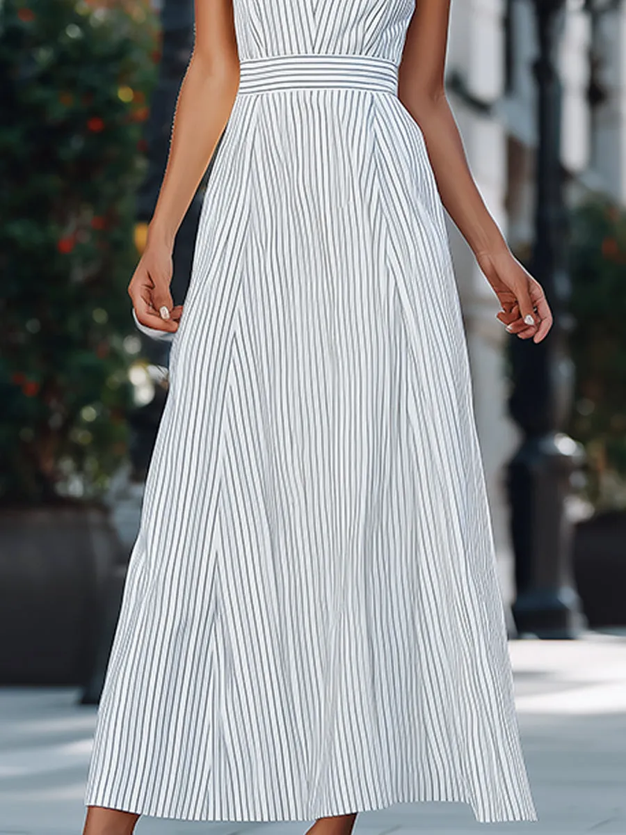 Sleeveless Striped V-Neck Pleated Maxi Dress sold by Mooyius product image thumbnail 3