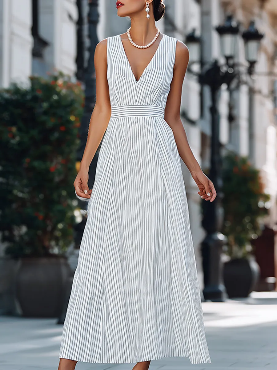 Sleeveless Striped V-Neck Pleated Maxi Dress sold by Mooyius